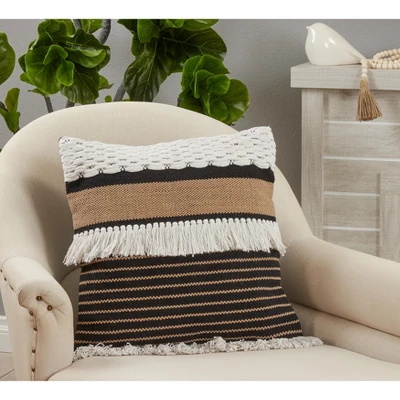 Saro Lifestyle Fringe Woven Decorative Pillow Cover, Black/White, 20" 2 Saro Lifestyle Fringe Woven Decorative Pillow Cover, Black/White, 20" - Image 2