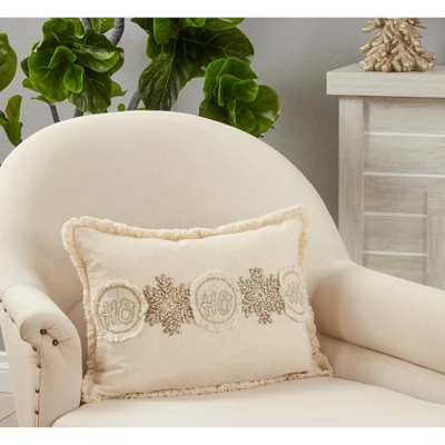 Saro Lifestyle Embroidered Ho Ho Ho Snowflake Decorative Pillow Cover, Ivory, 14"x20" 2 Saro Lifestyle Embroidered Ho Ho Ho Snowflake Decorative Pillow Cover, Ivory, 14"x20" - Image 2