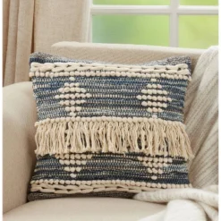 18"x18" Poly-Filled Chindi Design Square Throw Pillow With Fringe Blue - Saro Lifestyle: Cotton Cover, Indoor Decor, Zippered -Winter Glow Store GUEST 193300ce 3790 44c1 8372 10be627fc762