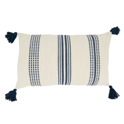 12"x20" Oversize Textured Striped Tassel Poly Filled Lumbar Throw Pillow Navy Blue - Saro Lifestyle 1 12"x20" Oversize Textured Striped Tassel Poly Filled Lumbar Throw Pillow Navy Blue - Saro Lifestyle