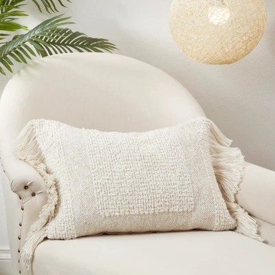 Saro Lifestyle Fringe Haven Outdoor Poly Filled Throw Pillow, 16"x24", Beige 2 Saro Lifestyle Fringe Haven Outdoor Poly Filled Throw Pillow, 16"x24", Beige - Image 2