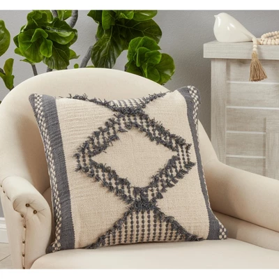Saro Lifestyle Diamond Fringe Pillow - Poly Filled, 20" Square, Grey 2 Saro Lifestyle Diamond Fringe Pillow - Poly Filled, 20" Square, Grey - Image 2