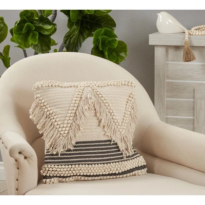 Saro Lifestyle Woven Fringe Pillow - Down Filled, 18" Square, Natural 2 Saro Lifestyle Woven Fringe Pillow - Down Filled, 18" Square, Natural - Image 2