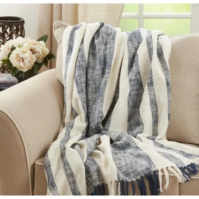 Saro Lifestyle Saro Lifestyle Cotton Throw With Banded Design, Navy Blue, 50"x60" 4 Saro Lifestyle Saro Lifestyle Cotton Throw With Banded Design, Navy Blue, 50"x60" - Image 4
