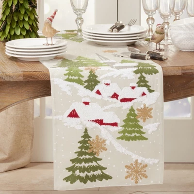 Saro Lifestyle Embroidered Christmas Mountain Runner, Natural, 16" X 70" 2 Saro Lifestyle Embroidered Christmas Mountain Runner, Natural, 16" X 70" - Image 2