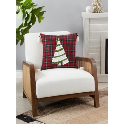 Saro Lifestyle Plaid Christmas Tree Decorative Pillow Cover, Red, 18" 2 Saro Lifestyle Plaid Christmas Tree Decorative Pillow Cover, Red, 18" - Image 2