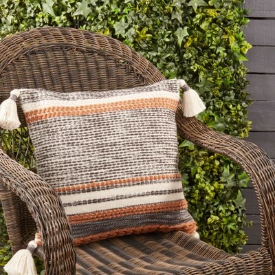 Saro Lifestyle Color Band Fringed Outdoor Poly Filled Throw Pillow, 18"x18", Blue 2 Saro Lifestyle Color Band Fringed Outdoor Poly Filled Throw Pillow, 18"x18", Blue - Image 2