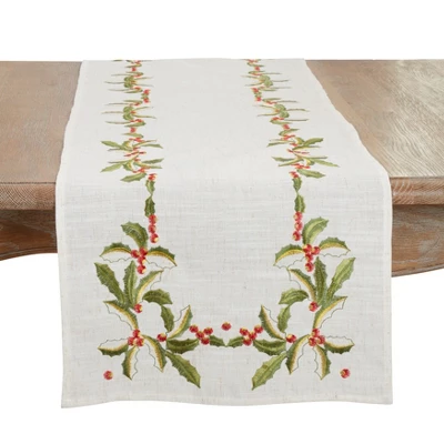 Saro Lifestyle Holly Embroidery Christmas Table Runner 2 Saro Lifestyle Holly Embroidery Christmas Table Runner - Image 2