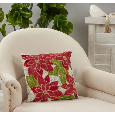 Saro Lifestyle Beaded Poinsettia Decorative Pillow Cover, Red, 16" 2 Saro Lifestyle Beaded Poinsettia Decorative Pillow Cover, Red, 16" - Image 2