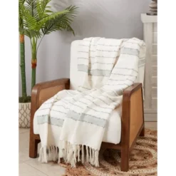 50"x60" Boho Charm Woven Striped With Fringe Throw Blanket Ivory - Saro Lifestyle -Winter Glow Store GUEST 4c30ee12 ed43 4c58 9036 6ed8a559d521