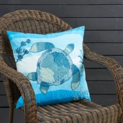 Saro Lifestyle Outdoor Embroidered Turtle Poly Filled Pillow, 20"x20", Blue -Winter Glow Store GUEST 5135d143 381e 4076 ab8e 3d5832672b31