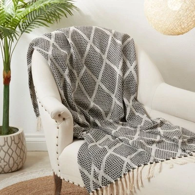 Saro Lifestyle Diamond-Patterned Knit Fringed Throw, Black, 50"x60" 2 Saro Lifestyle Diamond-Patterned Knit Fringed Throw, Black, 50"x60" - Image 2