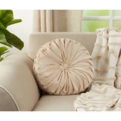 14" Round Velvet Pintucked Poly Filled Throw Pillow Natural - Saro Lifestyle -Winter Glow Store GUEST 520b1c2a 868a 43cd 90d5 83668d1c8d2b