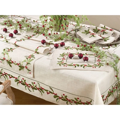 Saro Lifestyle 16"x54" Embroidered Holly Design Table Runner Natural 2 Saro Lifestyle 16"x54" Embroidered Holly Design Table Runner Natural - Image 2