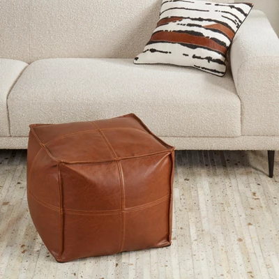 Saro Lifestyle Vintage Inspired Faux Leather Patchwork Pouf, 18"x18"x16", Brown 3 Saro Lifestyle Vintage Inspired Faux Leather Patchwork Pouf, 18"x18"x16", Brown - Image 3