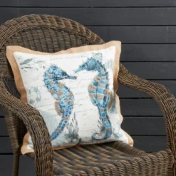Saro Lifestyle Coastal Outdoor Sea Horse Poly Filled Pillow, 18"x18", Blue -Winter Glow Store GUEST 55f3f4ec b4ce 4787 adbf b286a07f312e
