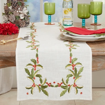 Saro Lifestyle Holly Embroidery Christmas Table Runner 1 Saro Lifestyle Holly Embroidery Christmas Table Runner