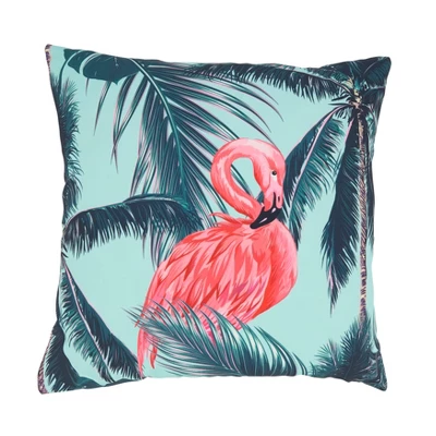 Saro Lifestyle Tropical Flamingo And Palm Tree Outdoor Pillow With Poly Fill, 18"x18", Blue 4 Saro Lifestyle Tropical Flamingo And Palm Tree Outdoor Pillow With Poly Fill, 18"x18", Blue - Image 4