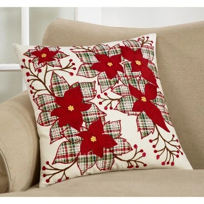 Saro Lifestyle Plaid Poinsettia Decorative Pillow Cover, Red, 20" 2 Saro Lifestyle Plaid Poinsettia Decorative Pillow Cover, Red, 20" - Image 2