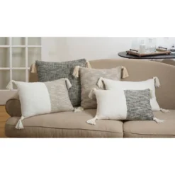 20"x20" Oversize Solid Square Throw Pillow With Tassels Cream - Saro Lifestyle