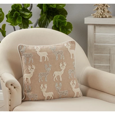 Saro Lifestyle Beaded + Embroidered Reindeer Pillow - Poly Filled, 18" Square, Natural 2 Saro Lifestyle Beaded + Embroidered Reindeer Pillow - Poly Filled, 18" Square, Natural - Image 2