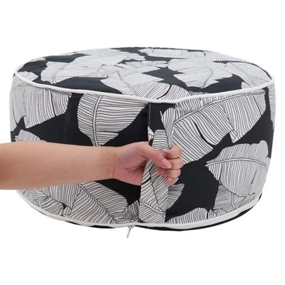 Saro Lifestyle Sketch Leaf Outdoor Ottoman, 21"x9" Round, Black/White 1 Saro Lifestyle Sketch Leaf Outdoor Ottoman, 21"x9" Round, Black/White