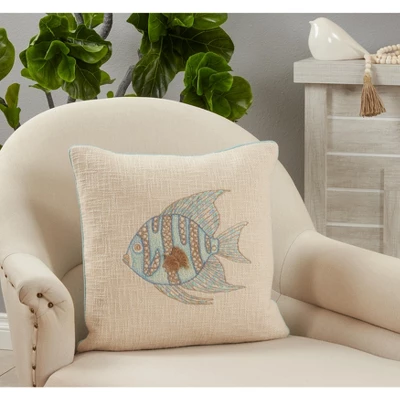 Saro Lifestyle Embroidered Fish Decorative Pillow Cover, Aqua, 18" 2 Saro Lifestyle Embroidered Fish Decorative Pillow Cover, Aqua, 18" - Image 2