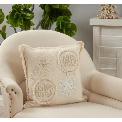 Saro Lifestyle Embroidered Ho Ho Ho Snowflake Decorative Pillow Cover, Ivory, 18" 2 Saro Lifestyle Embroidered Ho Ho Ho Snowflake Decorative Pillow Cover, Ivory, 18" - Image 2
