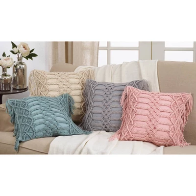 18"x18" Macramé Down Filled Square Throw Pillow Gray- Saro Lifestyle 3 18"x18" Macramé Down Filled Square Throw Pillow Gray- Saro Lifestyle - Image 3