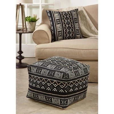 Saro Lifestyle Mudcloth Pouf, 20"x20"x14" Square, Black 2 Saro Lifestyle Mudcloth Pouf, 20"x20"x14" Square, Black - Image 2