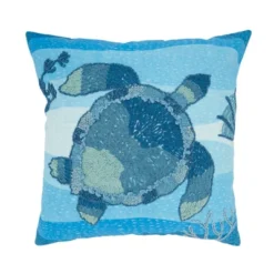 Saro Lifestyle Outdoor Embroidered Turtle Poly Filled Pillow, 20"x20", Blue -Winter Glow Store GUEST 922a7e32 ce6d 4548 bee5 632268a81faf