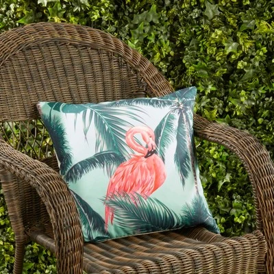 Saro Lifestyle Tropical Flamingo And Palm Tree Outdoor Pillow With Poly Fill, 18"x18", Blue 3 Saro Lifestyle Tropical Flamingo And Palm Tree Outdoor Pillow With Poly Fill, 18"x18", Blue - Image 3