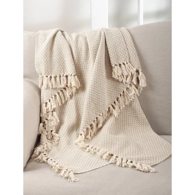 50"x60" Classic Tassel Trim Throw Blanket Beige - Saro Lifestyle 2 50"x60" Classic Tassel Trim Throw Blanket Beige - Saro Lifestyle - Image 2