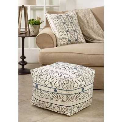 Saro Lifestyle Saro Lifestyle Light Mudcloth Floor Pouf, White, 20"x20"x14" 2 Saro Lifestyle Saro Lifestyle Light Mudcloth Floor Pouf, White, 20"x20"x14" - Image 2