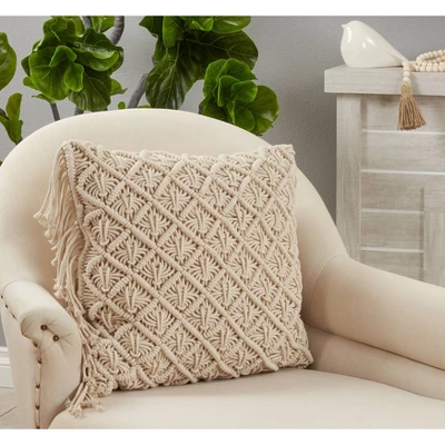 20"x20" Oversize Cotton With Macramé Design Square Throw Pillow Cover Natural - Saro Lifestyle 2 20"x20" Oversize Cotton With Macramé Design Square Throw Pillow Cover Natural - Saro Lifestyle - Image 2