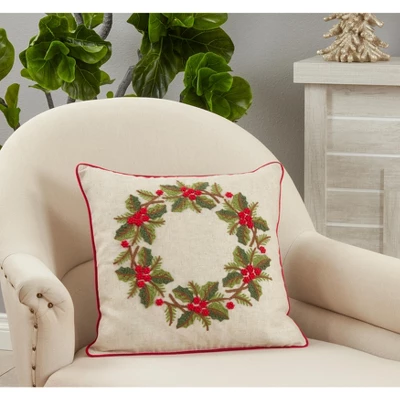 Saro Lifestyle Holly Wreath Decorative Pillow Cover, Multi, 18" 2 Saro Lifestyle Holly Wreath Decorative Pillow Cover, Multi, 18" - Image 2