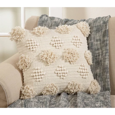 18"x18" Moroccan Down Filled Pom-Pom Square Throw Pillow Ivory - Saro Lifestyle 2 18"x18" Moroccan Down Filled Pom-Pom Square Throw Pillow Ivory - Saro Lifestyle - Image 2
