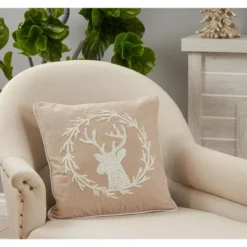 Saro Lifestyle Beaded + Embroidered Reindeer Pillow - Down Filled, 18" Square, Natural 3 Saro Lifestyle Beaded + Embroidered Reindeer Pillow - Down Filled, 18" Square, Natural -Winter Glow Store GUEST ac681260 21d0 4f40 8256 db5ef90853ed