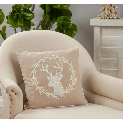 Saro Lifestyle Beaded + Embroidered Reindeer Pillow - Down Filled, 18" Square, Natural 2 Saro Lifestyle Beaded + Embroidered Reindeer Pillow - Down Filled, 18" Square, Natural - Image 2