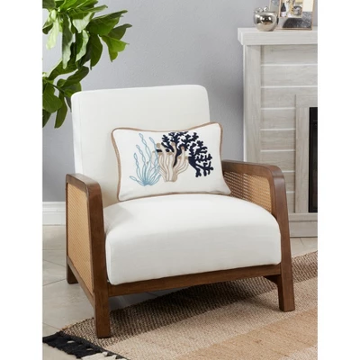 Saro Lifestyle Embroidered Coral Decorative Pillow Cover, Blue, 12"x18" 1 Saro Lifestyle Embroidered Coral Decorative Pillow Cover, Blue, 12"x18"