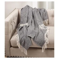 Gray Herringbone Pattern Fringe Throw Blankets (50"x60") - Saro Lifestyle