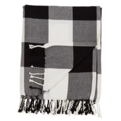 Buffalo Plaid Throw Blanket Black - Saro Lifestyle: 100% Cotton, Tassel Trim, Cozy & Machine Washable