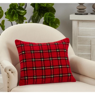 Saro Lifestyle Plaid Chenille Decorative Pillow Cover, Red, 18" 2 Saro Lifestyle Plaid Chenille Decorative Pillow Cover, Red, 18" - Image 2