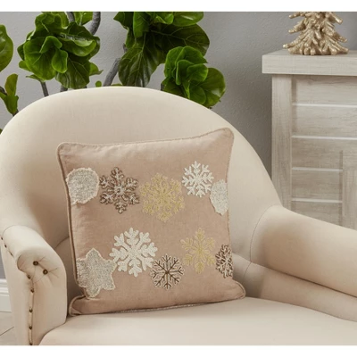 Saro Lifestyle Embroidered Snowflake Pillow - Poly Filled, 18" Square, Natural 2 Saro Lifestyle Embroidered Snowflake Pillow - Poly Filled, 18" Square, Natural - Image 2