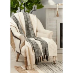 Saro Lifestyle Saro Lifestyle Cotton Throw Blanket With Striped Design, Natural, 50"x60" -Winter Glow Store GUEST cf4410b3 19e0 4989 b72d 29a3d22f91b5