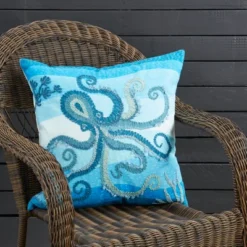 Saro Lifestyle Outdoor Embroidered Octopus Poly Filled Pillow, 20"x20", Blue -Winter Glow Store GUEST cf6c922d 0657 44c4 a962 8aed714f2da5