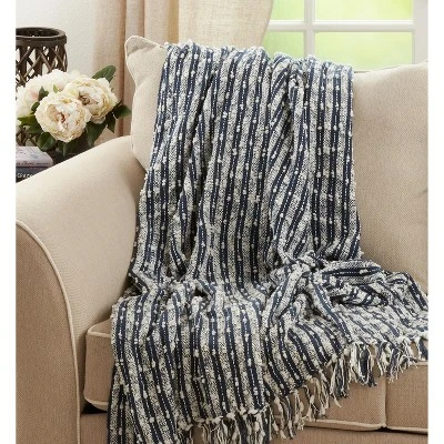 Saro Lifestyle Saro Lifestyle Throw Blanket With Striped Fringe Design, Navy Blue, 50"x60" 4 Saro Lifestyle Saro Lifestyle Throw Blanket With Striped Fringe Design, Navy Blue, 50"x60" - Image 4