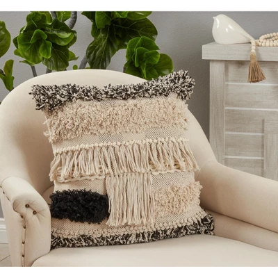 Saro Lifestyle Fringe Tufted Decorative Pillow Cover, Black/White, 20" 2 Saro Lifestyle Fringe Tufted Decorative Pillow Cover, Black/White, 20" - Image 2