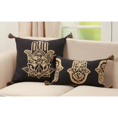 Saro Lifestyle Hamsa Hand Embroidered Decorative Pillow Cover, Black, 12"x20" 2 Saro Lifestyle Hamsa Hand Embroidered Decorative Pillow Cover, Black, 12"x20" - Image 2