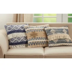 18"x18" Poly-Filled Chindi Design Square Throw Pillow With Fringe Blue - Saro Lifestyle: Cotton Cover, Indoor Decor, Zippered -Winter Glow Store GUEST eac49d1e b43a 4a67 8714 b7c65e932204